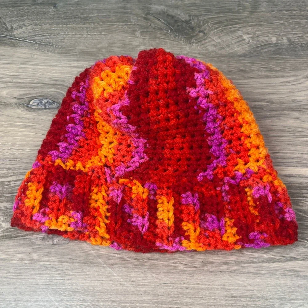 Handmade Crochet Beanie Kids Red Orange Pink Pom Pom Winter Hat